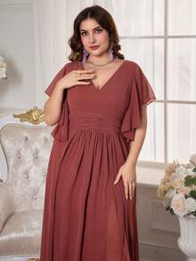 Solid V-Neck, Ruffle Sleeve Chiffon Dress - Redwood - View 3