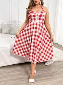 SHEIN MOD 大尺碼女用格子掛脖繫扣優雅復古 A 字連身裙 - 紅白色 - 查看 7