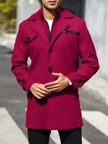 Manfinity Homme Abrigo De Hombre De Lana Con Cuello De Solapa, Detalle Y Cierre De Botonadura Simple - Rojo - Ver 5