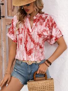 SHEIN LUNE Women's Geometric Pattern Notched-Neck Shirt