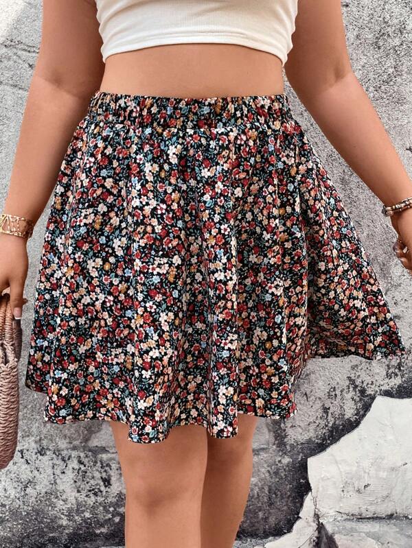 SHEIN Frenchy Plus Size Summer Small Floral Print Elastic Waist Skirt