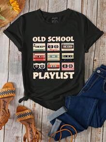 INAWLY Vintage-Muster Oversized Damen Kurzarm T-Shirt, grafische Oberteile für Damen - Schwarz - Übersicht 1