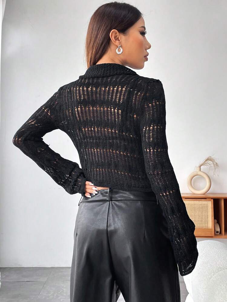 Solid Color Hollow Knit Cardigan