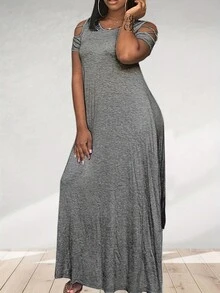 Robe décontractée avec épaules dénudées et poches pour femmes grande taille - Gris - Voir 3