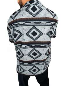 Men's Long Sleeve Casual Geometric Color Block Turn-Down Collar Short Shacket - White - View 2