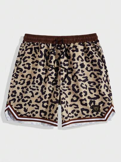 Street Life Men's Leopard Print Contrast Stripe Drawstring Waist Shorts, School