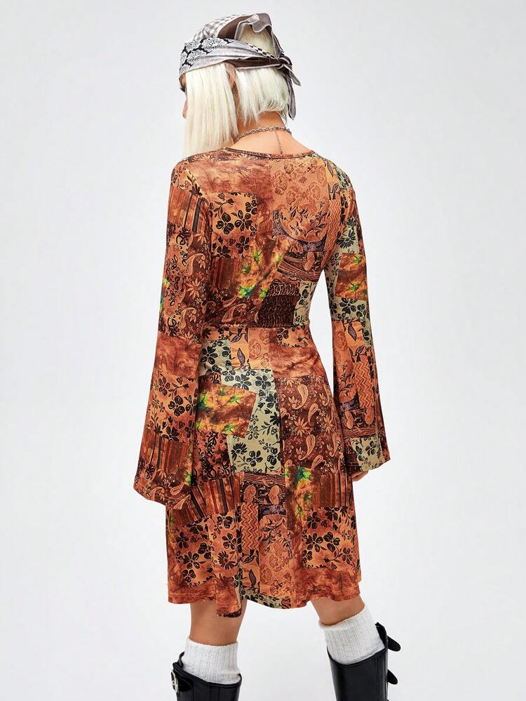 Women's Tie Front Full Sleeve Flare Printed Dress Fall Cloth For Women