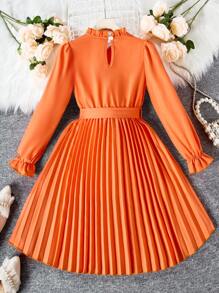 Vestido Con Cinturón Para Niña Tween Y Dobladillo Con Detalle De Volantes - Naranja Quemada - Ver 2