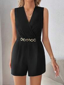SHEIN Clasi Của phụ nữ Cổ chữ V Màu thuần Áo liền quần Với Túi - màu đen - Xem 5
