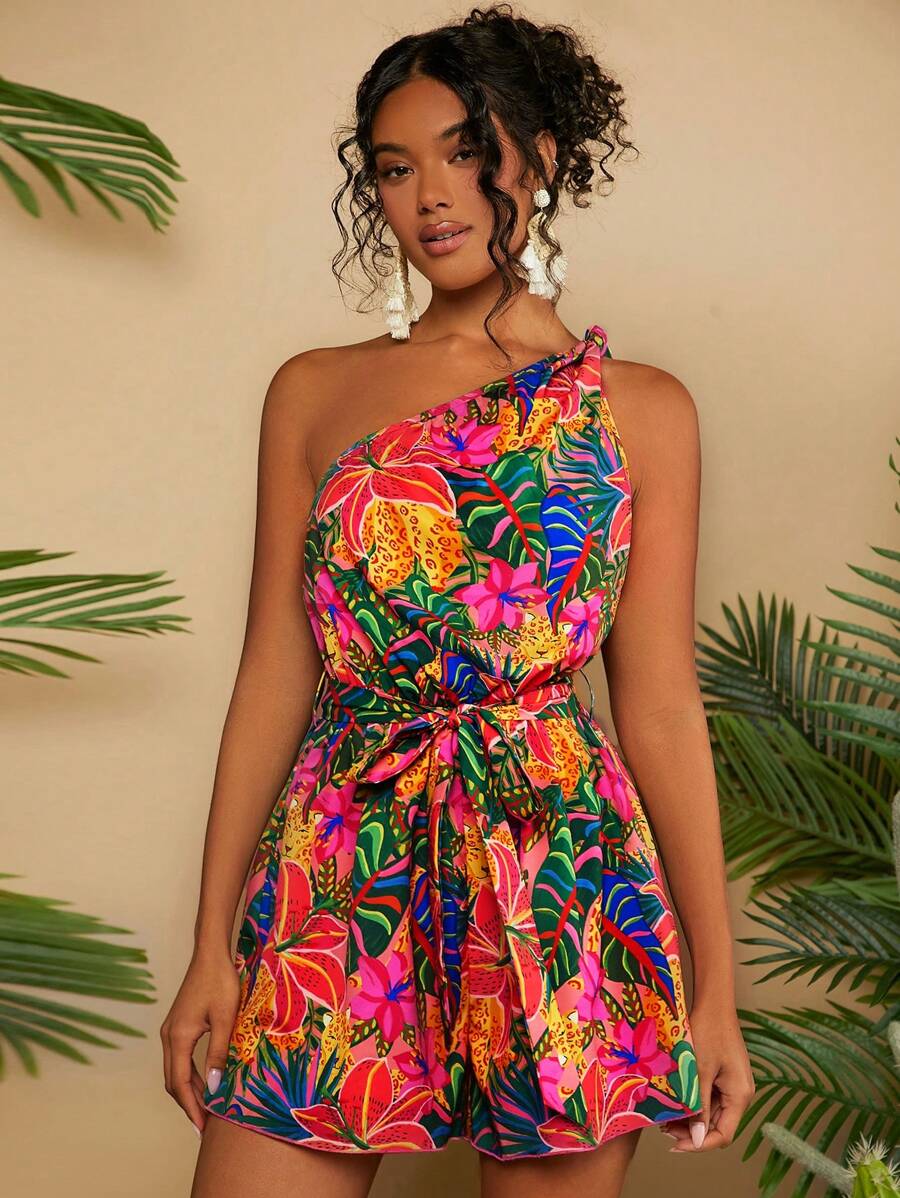 Travachic Women's One Shoulder Tropical Plant Printed Vacation Romper - Multicolor - View 1