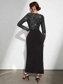 EURMUSE Beaded Long Sleeve Patchwork Banquet High Split Maxi Dress - Black - View 2