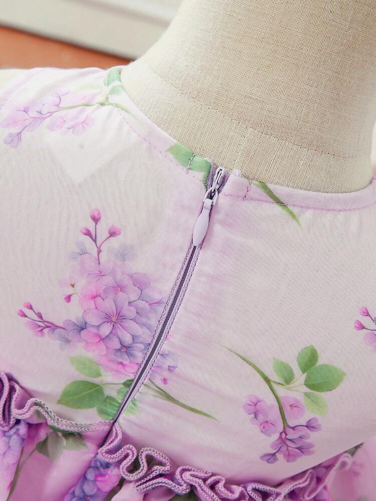 Baby Girl Casual & Vacation Floral Pattern & Ruffle Hem Organza Sleeveless Dress