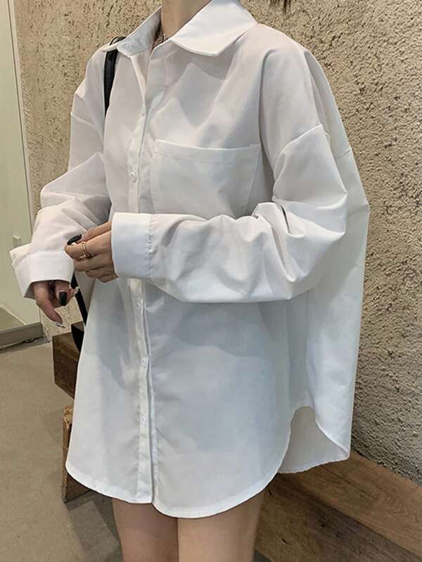 休闲宽松纯色长袖衬衫，适合秋季和春季