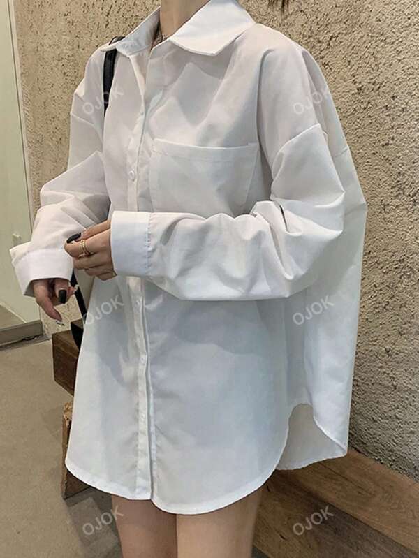 Casual Loose Solid Color Long Sleeve Shirt, Versatile For Autumn & Spring