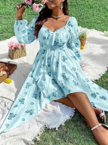 Flirla Plus Size Blommönster Knuten Front Asymmetrisk Fåll Klänning Maxi Vacation Beach Outfits Kvinnor - Blå - Visa 6