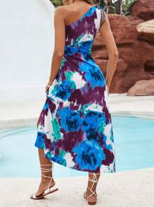 SHEIN VCAY Women's Tie-Dye High Split Summer Beach Asymmetrical Dress For Vacation - Blue - View 4