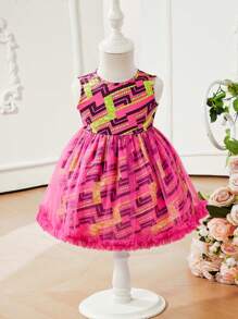 SHEIN Baby Girl Casual Geometric Pattern Mesh Contrast Sleeveless Dress - Hot Pink - View 1