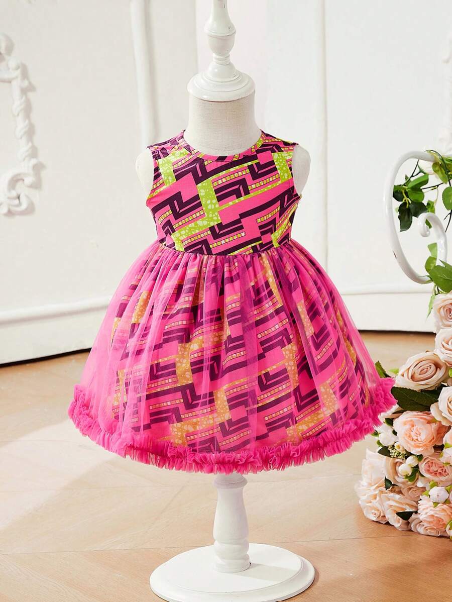 SHEIN Baby Girl Casual Geometric Pattern Mesh Contrast Sleeveless Dress - Hot Pink - View 1