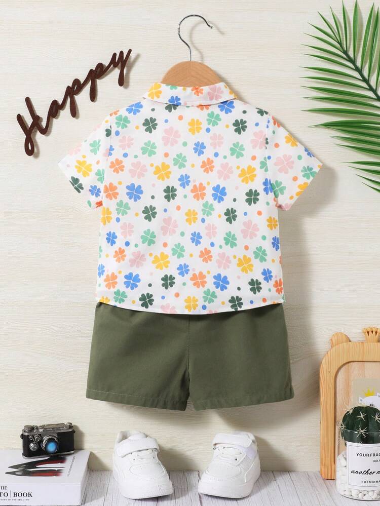 Infant Boys' Clover Pattern Color Block Cardigan With Patch Pockets And Shorts Casual Set
