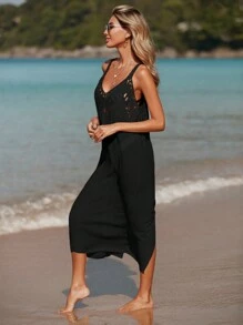 SHEIN Swim Crochet Trim Cover Up Dress,Summer Beach - Black - View 4