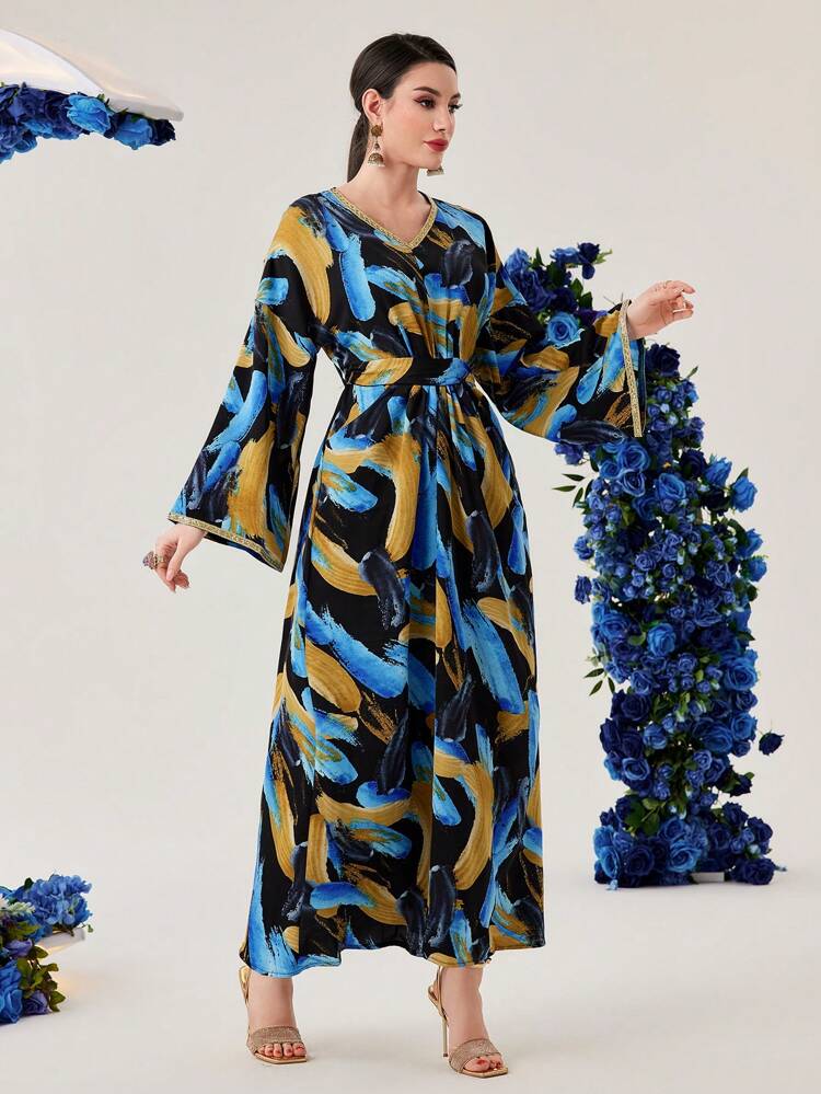 Printed Flare Sleeve Dress With Woven Belt