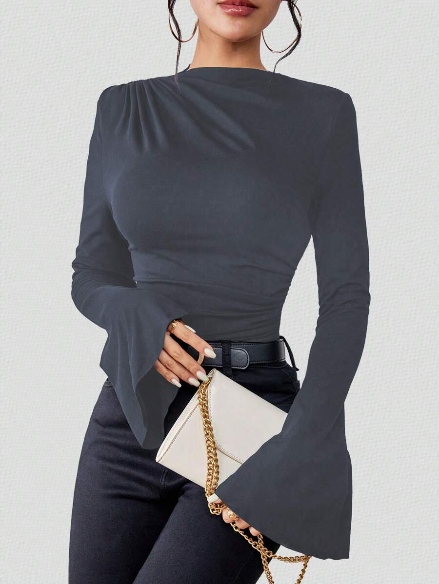 Chiquease Solid Color Flare Sleeve T-Shirt Fall Cloth For Women - Dark Grey - View 1