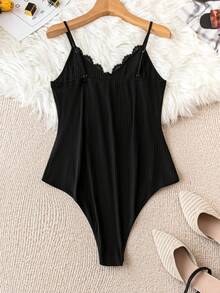 Celure 大尺碼女士蕾絲拼接細肩帶背帶裹身上衣 - 黑色 - 查看 2