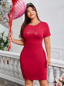SHEIN EZwear Plus Size Heart Print Bodycon Dress With Ecg Pattern - Red - View 5