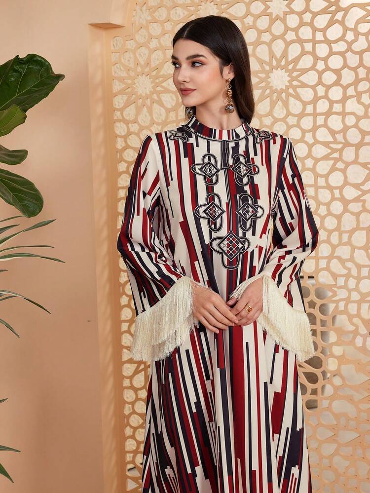 Women's Stand Collar Fringe Cuff Long Sleeve Dress Fall Cloth For Women