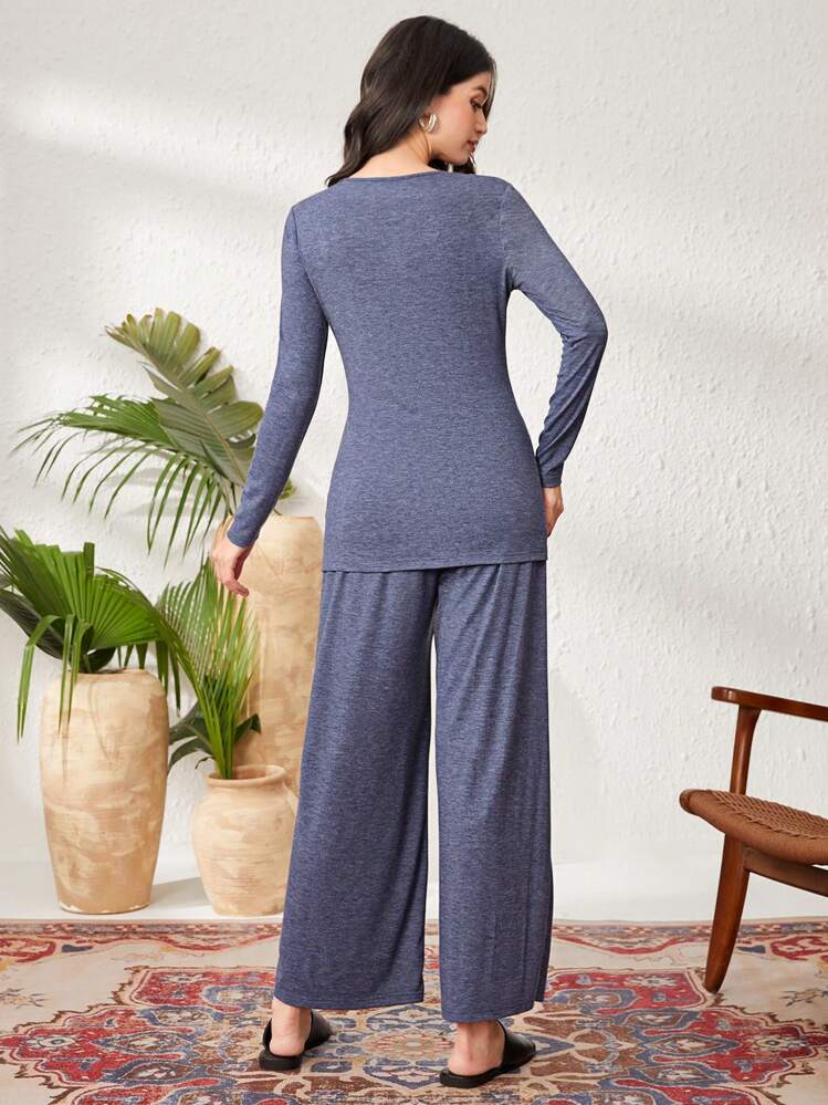Mulvari Women's Ribbed Long Sleeve T-Shirt And Pants Two-Piece Set - Blue - View 2