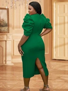 Plus Gigot Sleeve Bodycon Dress Party Dress Wedding Guest Dress - Green - View 3