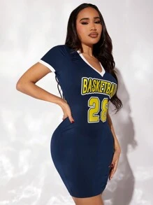 SHEIN SXY 休閒運動主題籃球球衣裙,字母和數字印花,藍色和黃色街區拼接,開叉設計和修身剪裁 - 藍色 - 查看 3