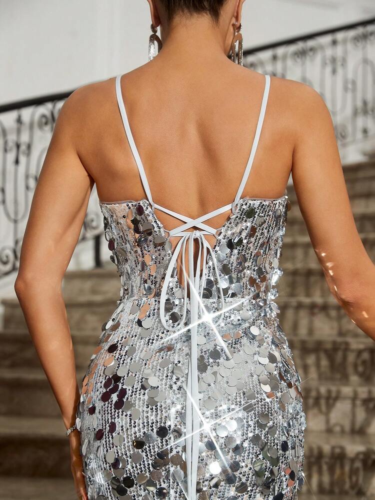 Women's Elegant Front Fold Hollowing With Beaded Glittering  Fabric Backless Back Neck Ties And High Split Fishtail Towing Heavy Industry Easter Party Evening Dress