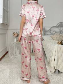 Silk-Like Flamingo & Heart Print Collared Pajama Set - Baby Pink - View 2