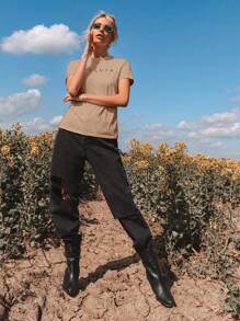 SHEIN Essnce Women's Letter Printed Short Sleeve T-Shirt - Mocha Brown - View 5