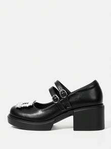 CUCCOO DOLLMOD Women's Wedge Heels Thick Sole Shoes With Rhinestone Buckle, Fashionable - Black - View 3