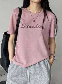 DAZY 女士短袖字母印花圆领纹理宽松夏季 T 恤 - 粉色 - 查看 2