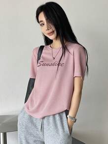 DAZY 女士短袖字母印花圆领纹理宽松夏季 T 恤 - 粉色 - 查看 3