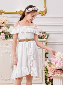 Tween Girls' Solid Color Ruffle Trim Dress With Detachable Braided Belt And Spaghetti Straps - White - View 6