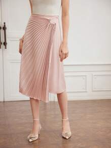 MOTF PREMIUM Falda Plisada De Color Sólido Para Mujer Con Detalle De Nudo En El Costado - Rosa - Ver 7