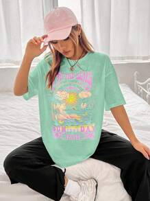 Muchica 女款冲浪波浪印花 T 恤，带标语 - 薄荷綠 - 查看 6