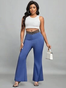 SHEIN Lady Women's Flared V-Waist Pants - Black - View 6