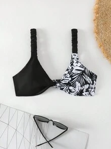 SHEIN Swim 女式植物印花比基尼上衣 - 黑色 - 查看 3