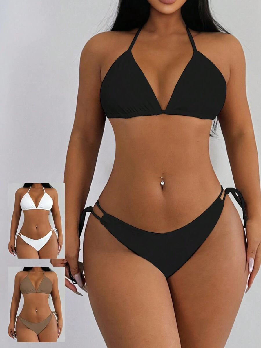 SHEIN Swim Summer Ladies' Solid Color Swimwear Set Music Festival - Multicolor - View 1