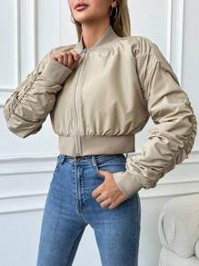 RueChic Women'S Cropped Pleated Pilot Jacket - Beige - View 5