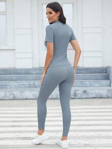 SHEIN LUNE Có khóa kéo Áo thun Và Xà cạp Bộ - Màu xanh Cadet - Xem 2