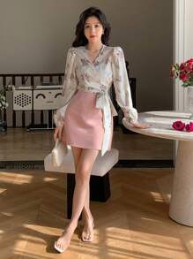 DAZY 女士印花V领裹身系带短款长袖衬衫，长袖上衣，秋季服装图案T恤 - 彩色 - 查看 5