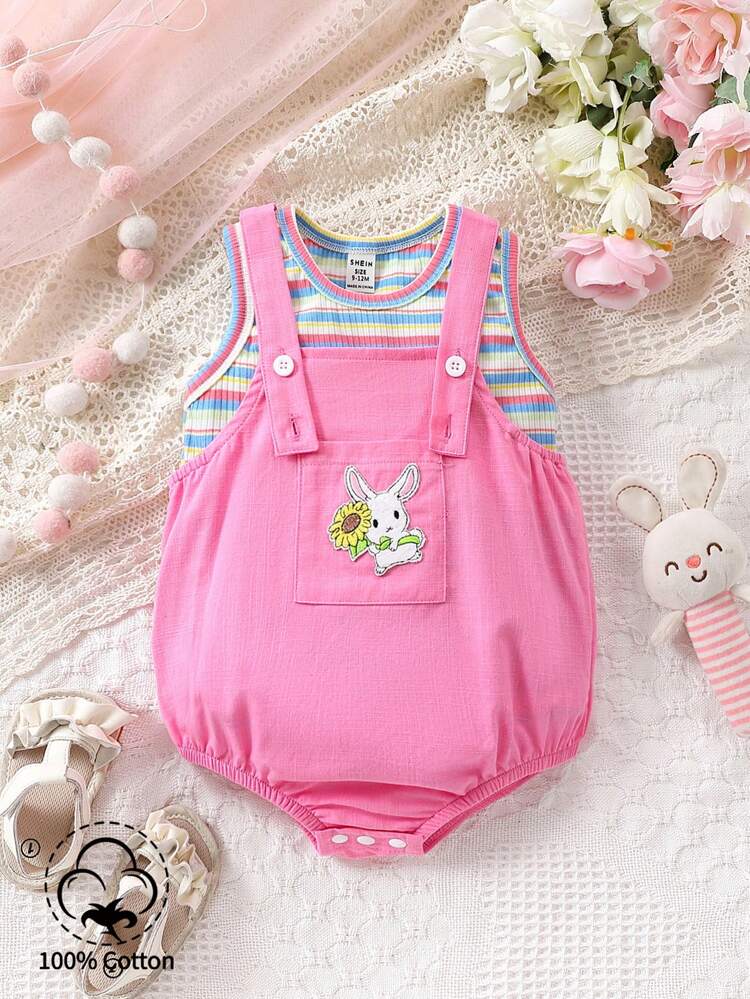 2pcs/Set Baby Girl Casual Wear Cute Rabbit Embroidery Suspender Pants With Striped Top, Suitable For Spring And Summer Outing
