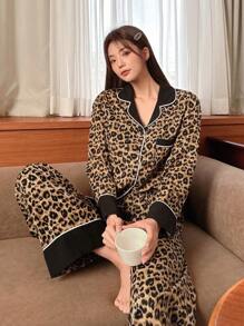 DAZY Color Block Leopard Print Edge Rolling Long-Sleeved Top And Pants Pajamas Set
