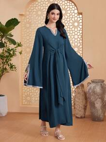 Al Najma Deep Notched Collar Short Sleeve Front Knot Slit Dress - Green - View 7